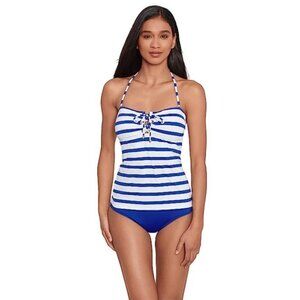 LAUREN Ralph Lauren Port Stripe Lace Front Bandini Top Womens 10 Swim Pool Beach
